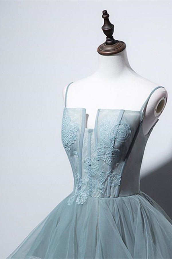 Elegant Spaghetti-Straps Long Evening Dress with Tulle Layered Appliques-BallBride