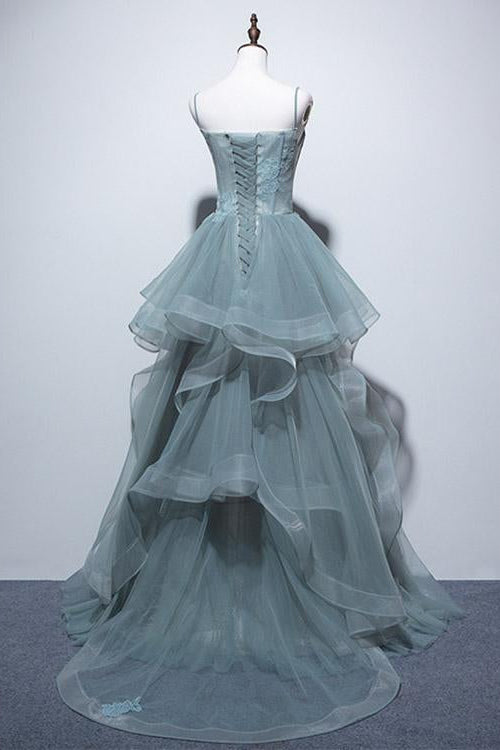 Elegant Spaghetti-Straps Long Evening Dress with Tulle Layered Appliques-BallBride