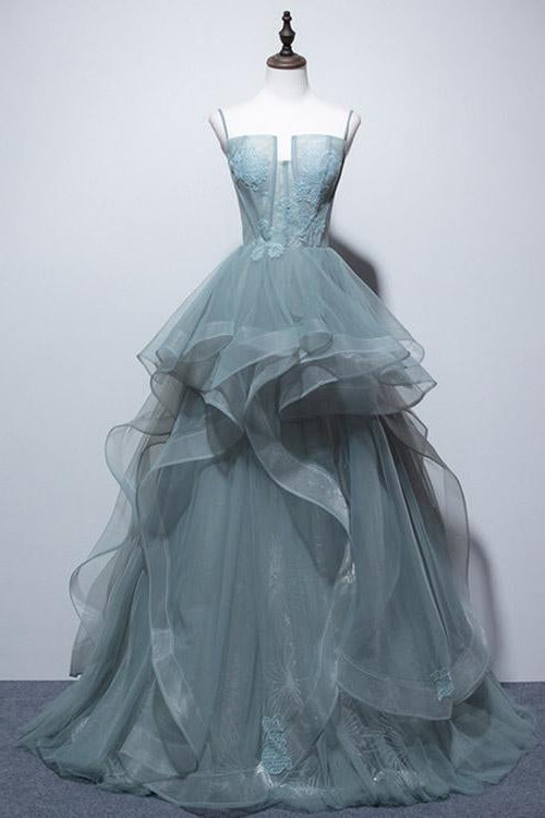 Elegant Spaghetti-Straps Long Evening Dress with Tulle Layered Appliques-BallBride