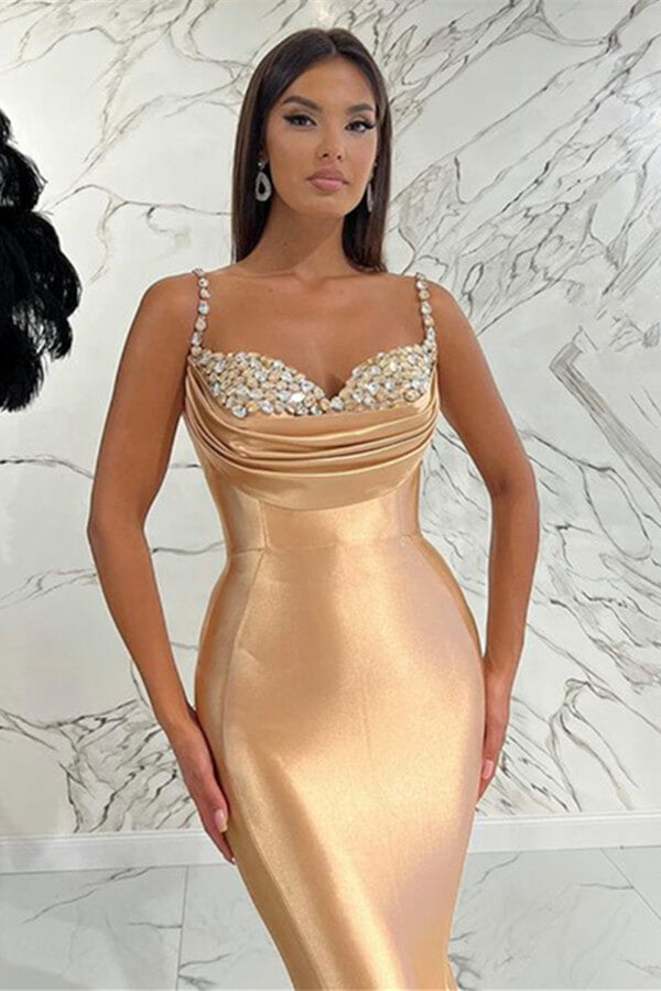 Elegant Spaghetti-Straps Mermaid Evening Dress in Champagne With Crystal-BallBride