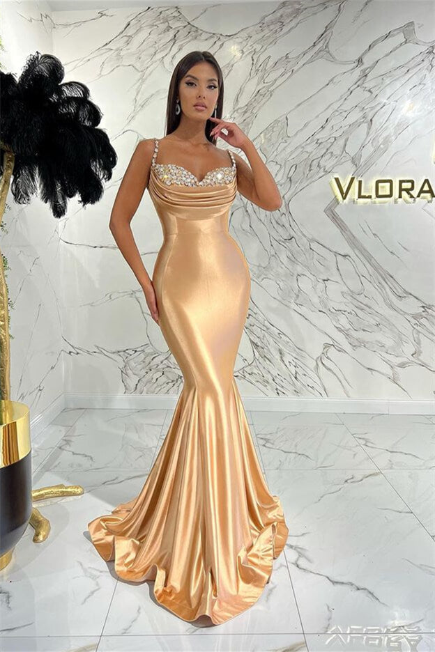 Elegant Spaghetti-Straps Mermaid Evening Dress in Champagne With Crystal-BallBride