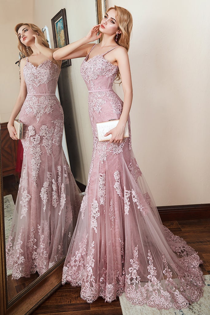 Elegant Spaghetti-Straps Mermaid Prom Dress With Appliques-BallBride