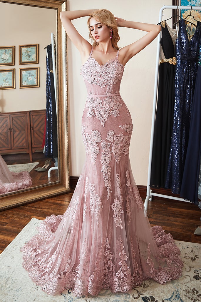 Elegant Spaghetti-Straps Mermaid Prom Dress With Appliques-BallBride