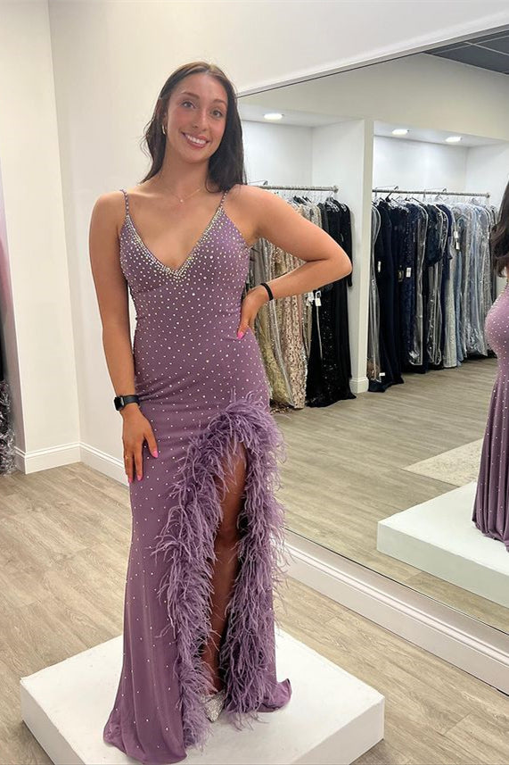 Elegant Spaghetti-Straps V-Neck Prom Dress With Beads, Feathers & Slit-BallBride