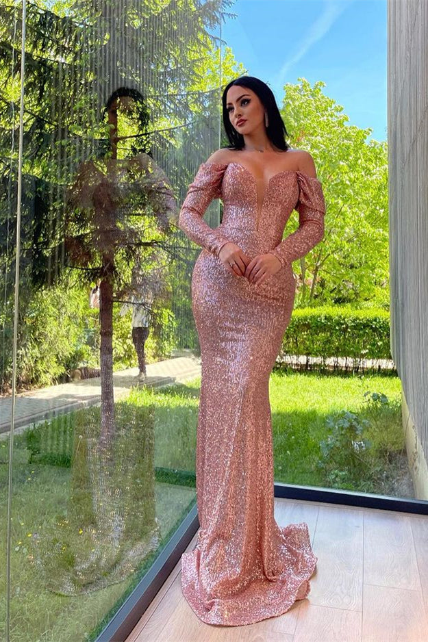 Elegant Split Long Sleeves V-Neck Mermaid Prom Dress with Sequins-BallBride