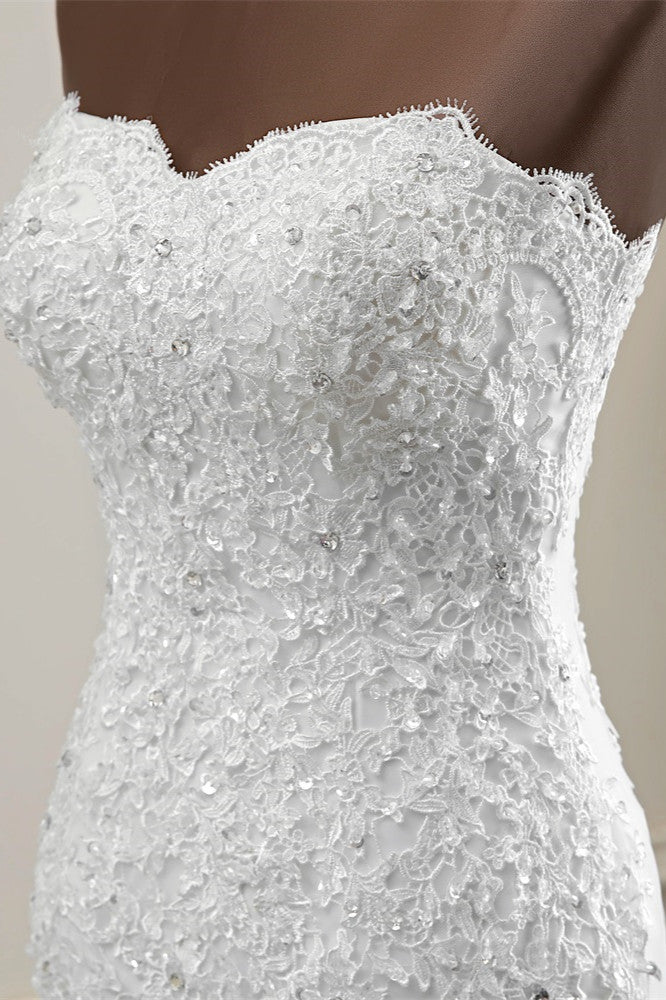 Elegant Strapless Mermaid Wedding Dress with Lace Appliques and Beadings-BallBride