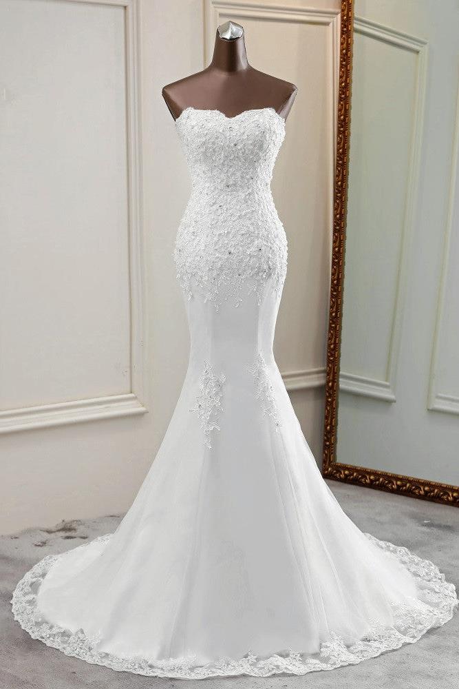 Elegant Strapless Mermaid Wedding Dress with Lace Appliques and Beadings-BallBride
