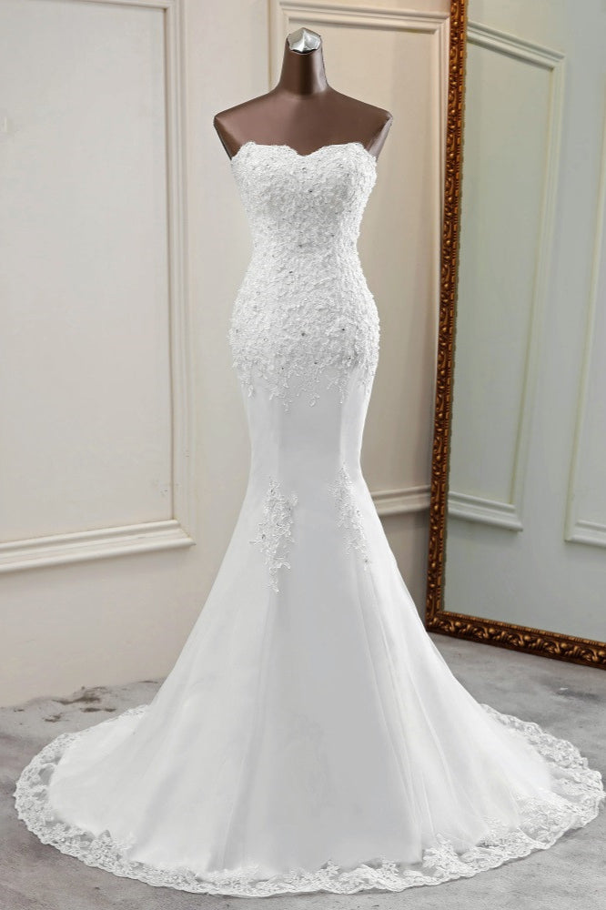 Elegant Strapless Mermaid Wedding Dress with Lace Appliques and Beadings-BallBride