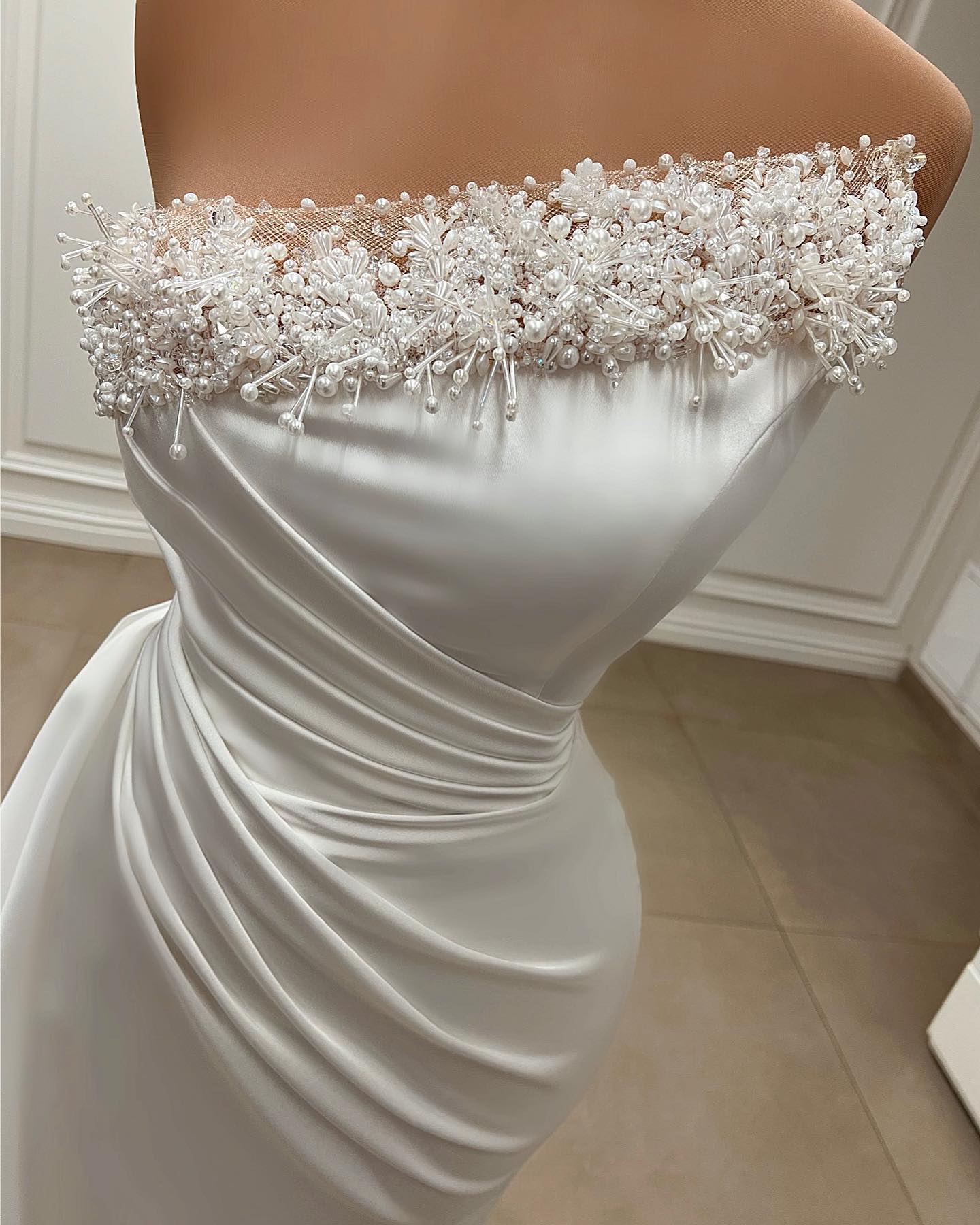 Elegant Strapless Satin Mermaid Wedding Dress with Pearls-BallBride