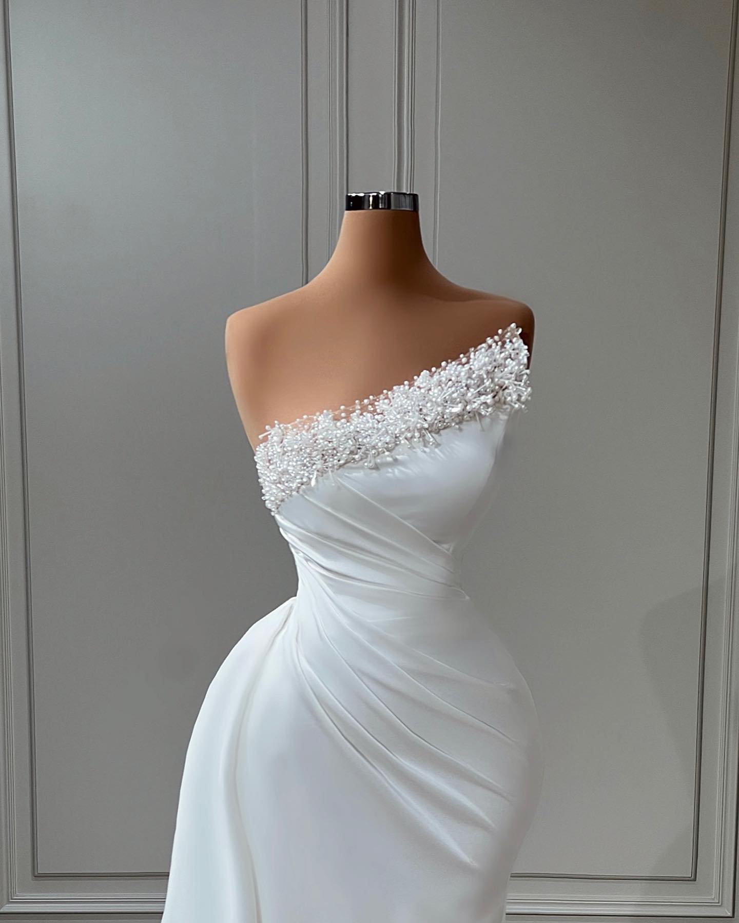 Elegant Strapless Satin Mermaid Wedding Dress with Pearls-BallBride