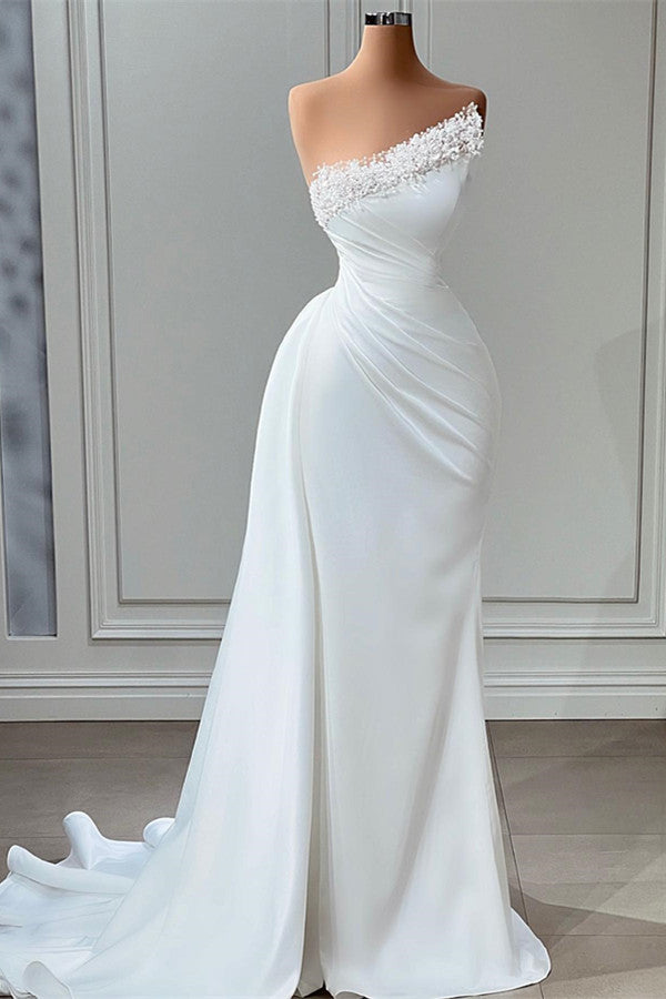 Elegant Strapless Satin Mermaid Wedding Dress with Pearls-BallBride