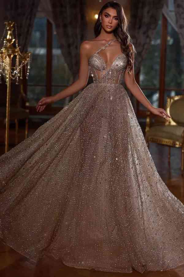Elegant Sweetheart A-Line Long Tulle Prom Dress with Sequins-BallBride