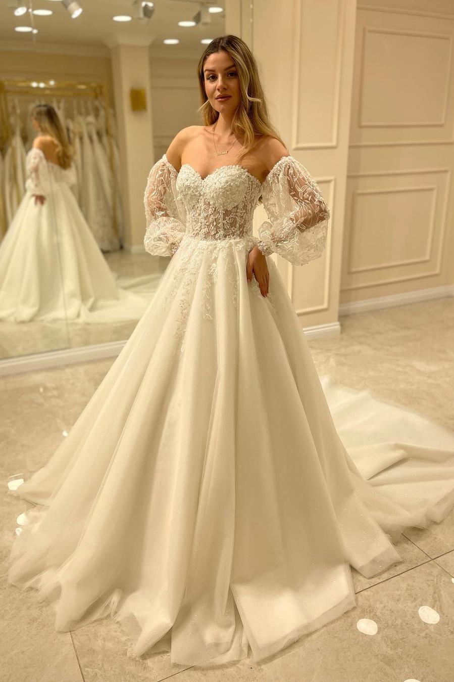 Elegant Sweetheart A-Line Wedding Dress with Appliques Lace and Backless Train-BallBride