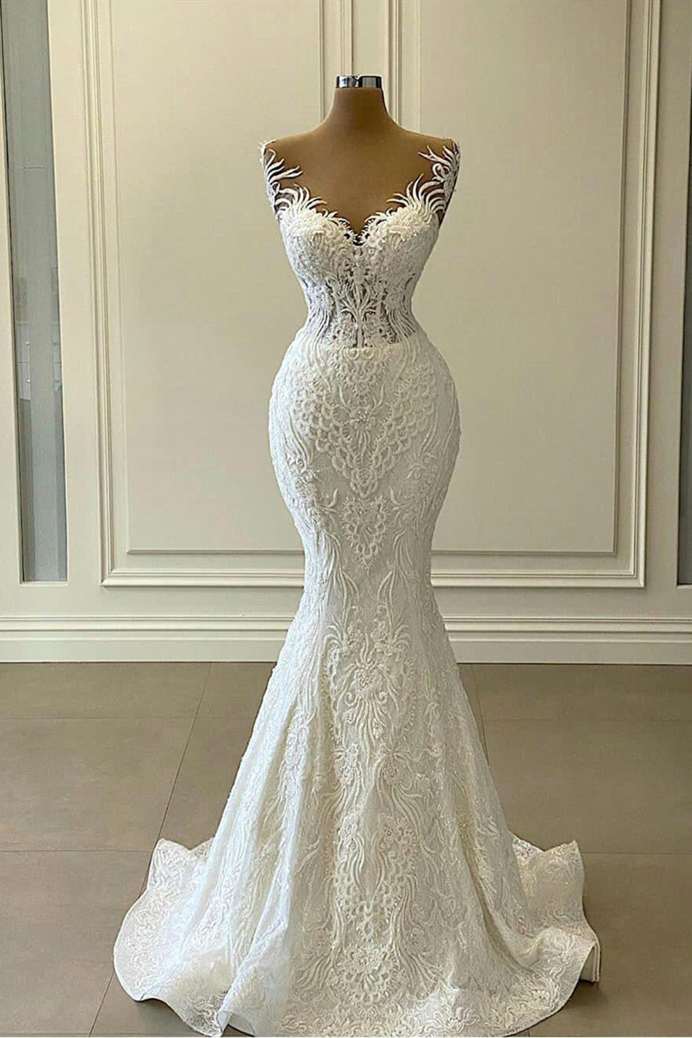 Elegant Sweetheart Appliques Lace Mermaid Wedding Dress With Detachable Train-BallBride
