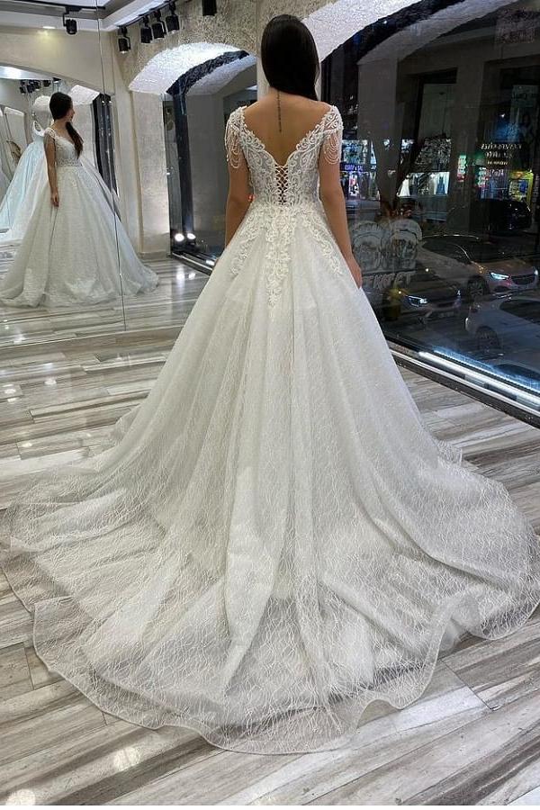 Elegant Sweetheart Backless A-Line Wedding Dress with Sequins and Lace Appliques-BallBride