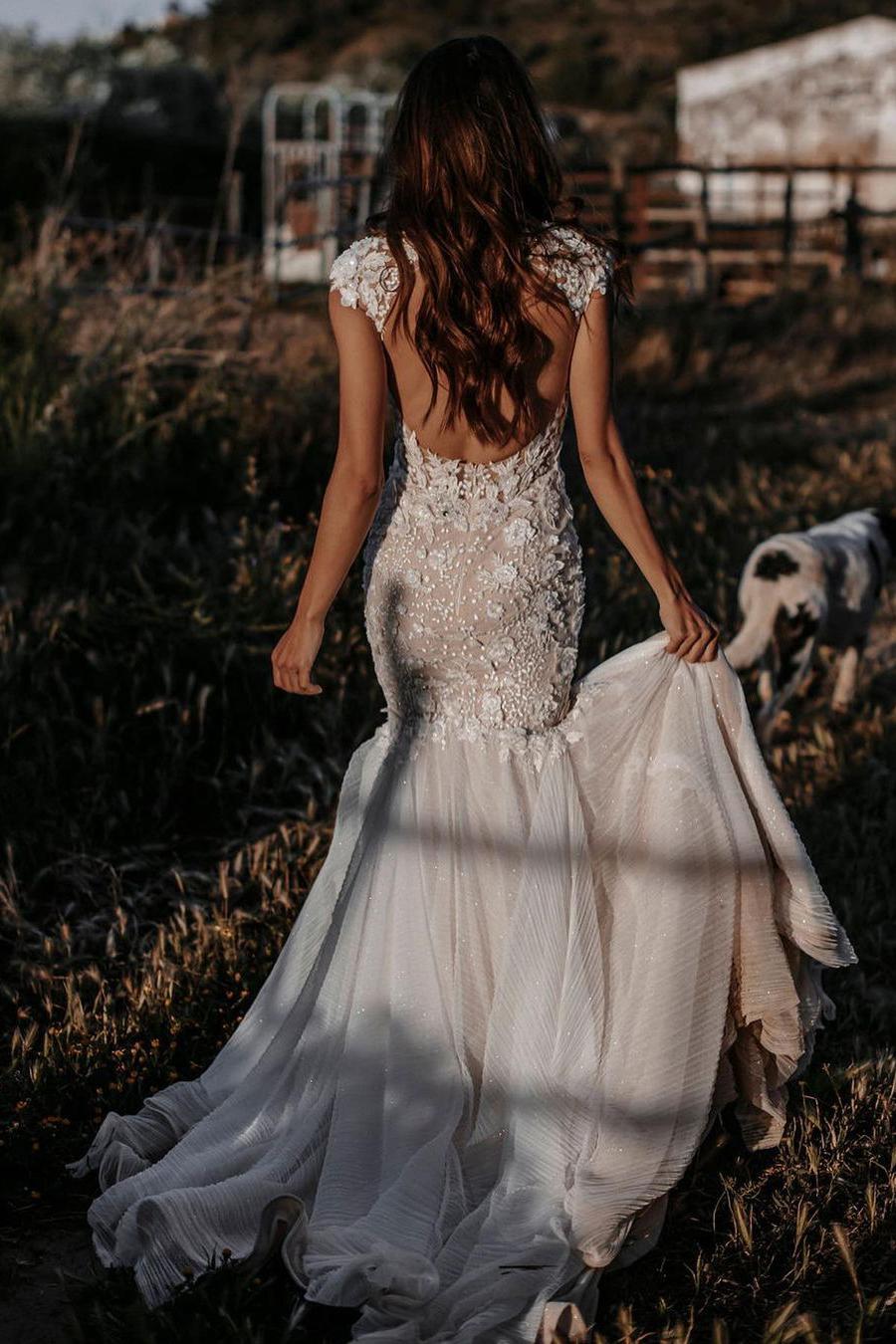 Elegant Sweetheart Backless Long Mermaid Wedding Dress with Tulle Lace-BallBride