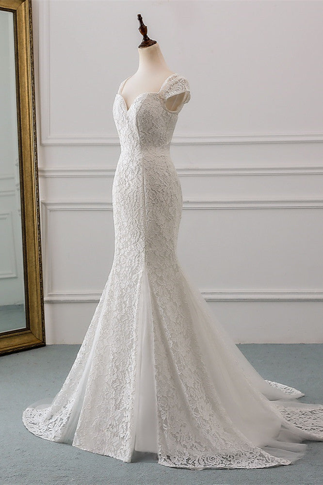 Elegant Sweetheart Lace Long Mermaid Wedding Dress with Cap-Sleeves-BallBride