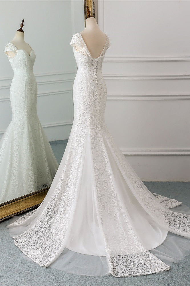 Elegant Sweetheart Lace Long Mermaid Wedding Dress with Cap-Sleeves-BallBride