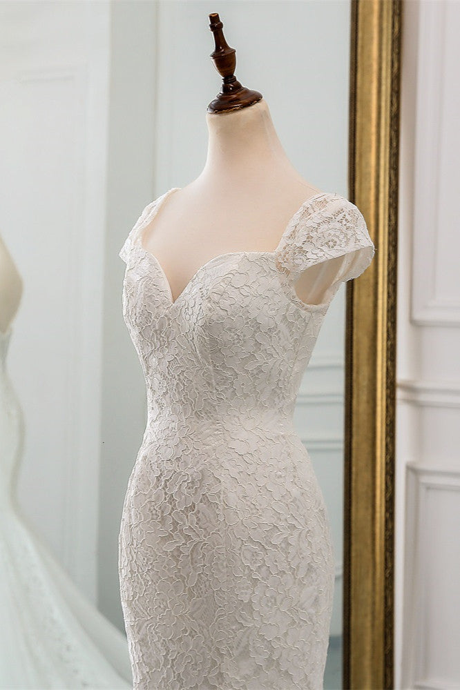 Elegant Sweetheart Lace Long Mermaid Wedding Dress with Cap-Sleeves-BallBride