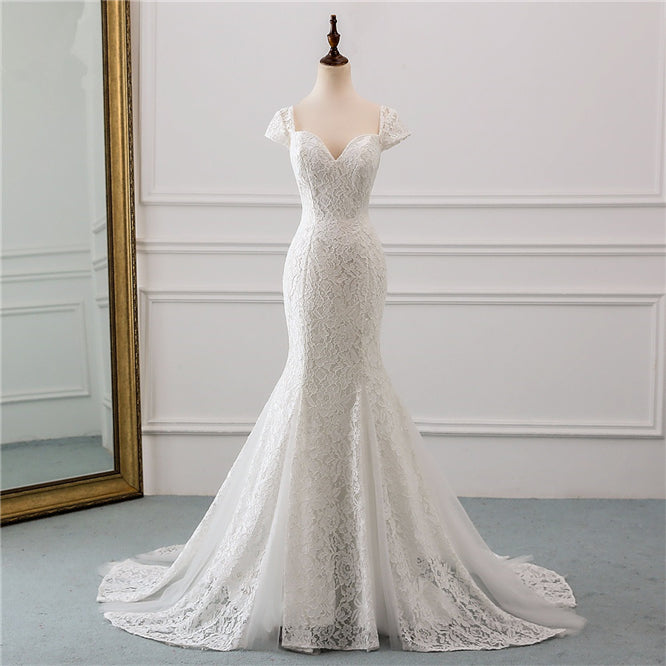 Elegant Sweetheart Lace Long Mermaid Wedding Dress with Cap-Sleeves-BallBride