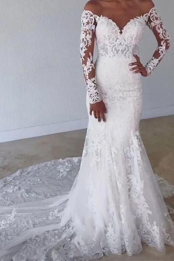 Elegant Sweetheart Lace Sleeves Long Mermaid Wedding Dress-BallBride