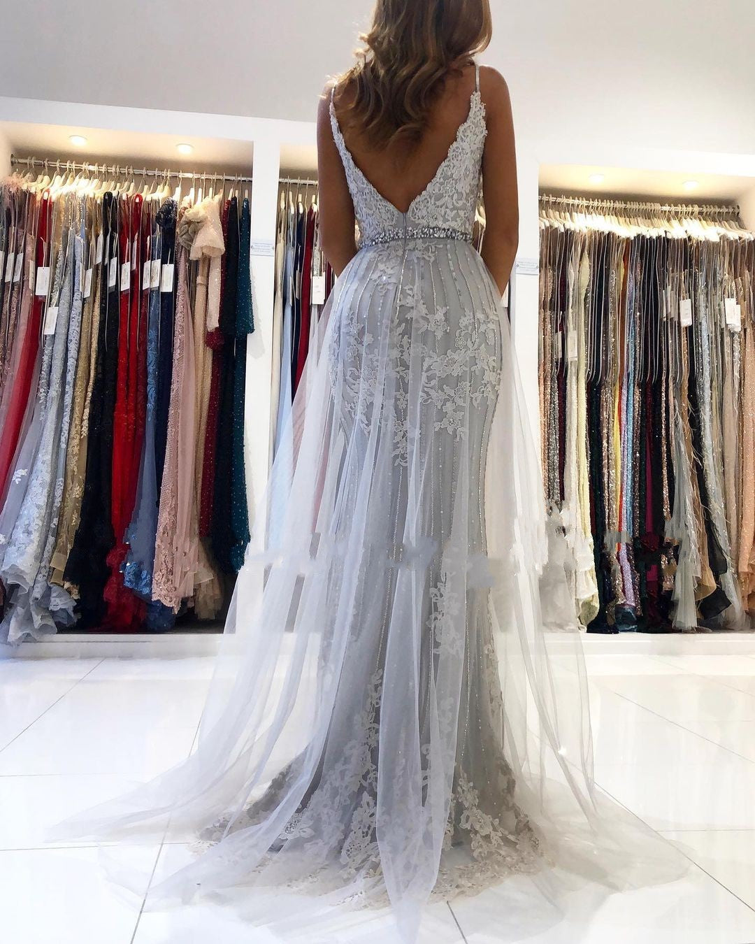 Elegant Sweetheart Lace Tulle Prom Dress with Spaghetti-Straps and Appliques-BallBride