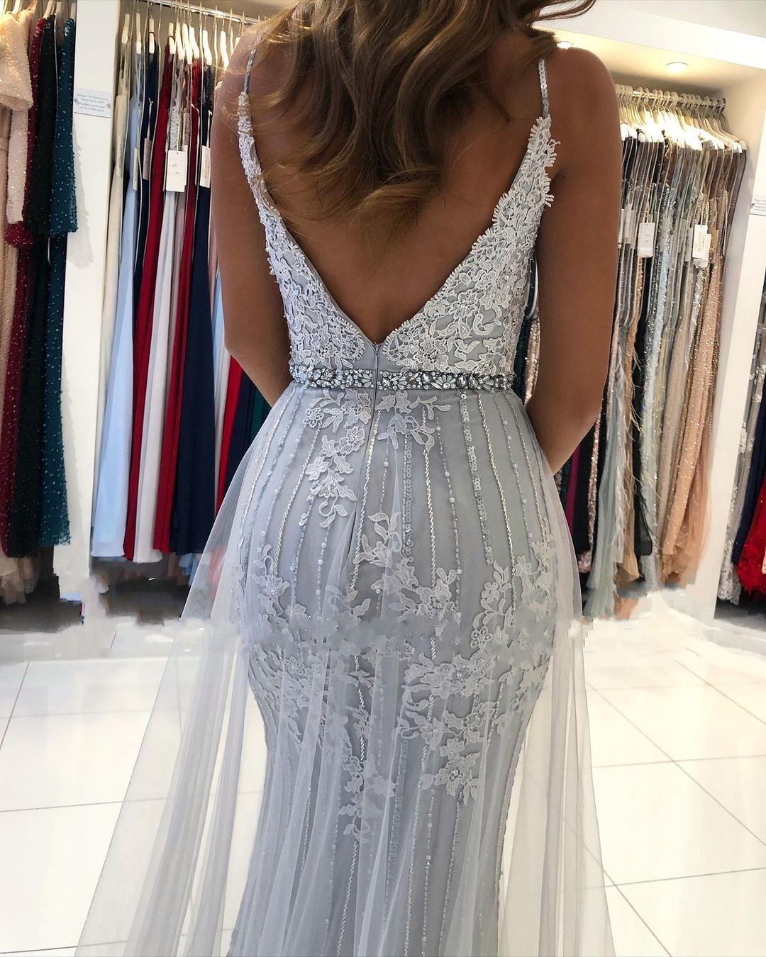 Elegant Sweetheart Lace Tulle Prom Dress with Spaghetti-Straps and Appliques-BallBride