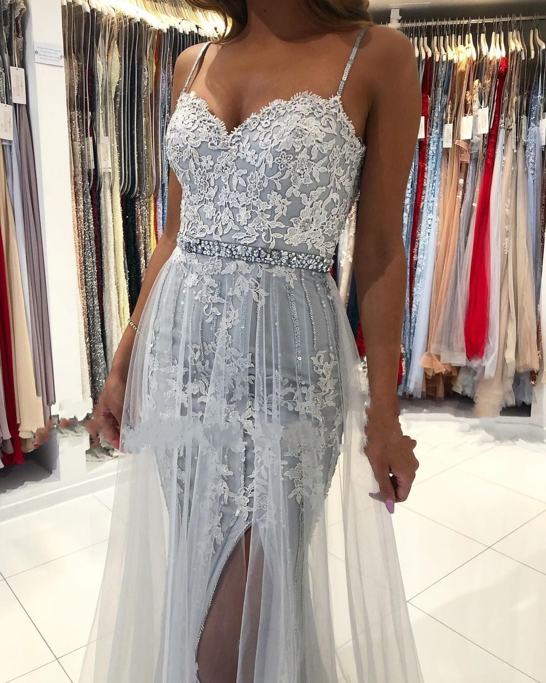 Elegant Sweetheart Lace Tulle Prom Dress with Spaghetti-Straps and Appliques-BallBride