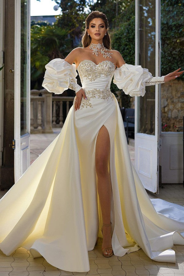 Elegant Sweetheart Mermaid Wedding Dress with Detachable Sleeves and Overskirt Bridal Gown with Slit-BallBride