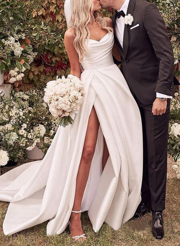 Elegant Sweetheart Satin Sweep Train Wedding Dresses Split Front-Ballbride