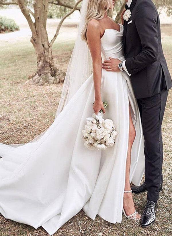 Elegant Sweetheart Satin Sweep Train Wedding Dresses Split Front-Ballbride