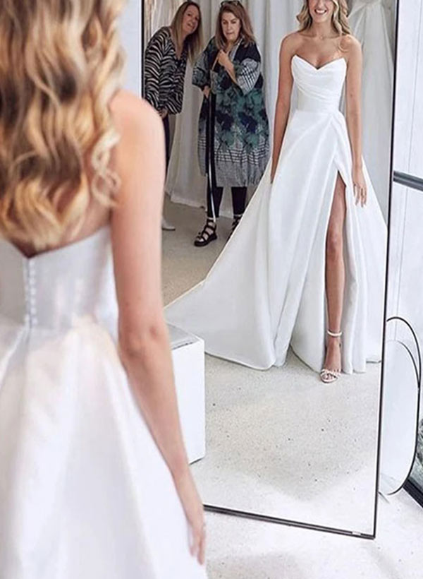 Elegant Sweetheart Satin Sweep Train Wedding Dresses Split Front-Ballbride