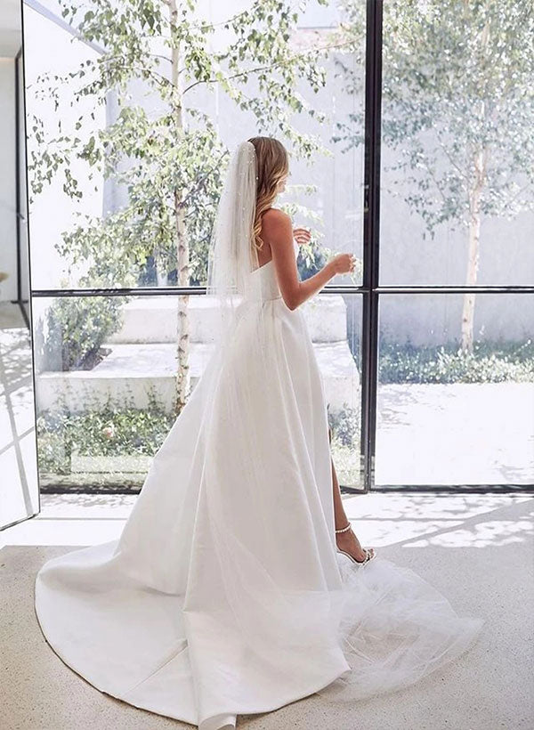 Elegant Sweetheart Satin Sweep Train Wedding Dresses Split Front-Ballbride