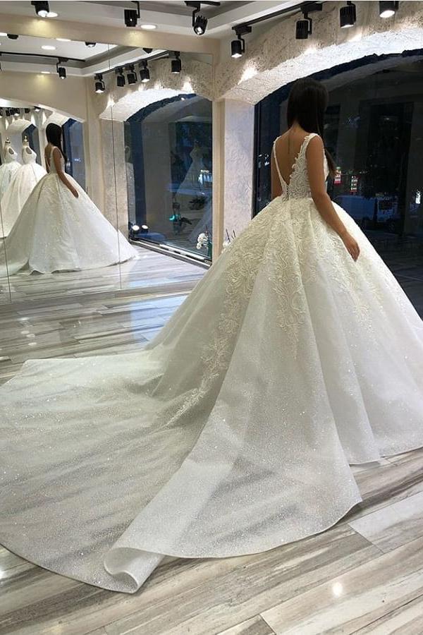 Elegant Sweetheart Spaghetti-Straps Backless Wedding Dress with Appliques Lace and Sequins-BallBride