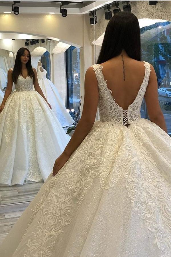 Elegant Sweetheart Spaghetti-Straps Backless Wedding Dress with Appliques Lace and Sequins-BallBride