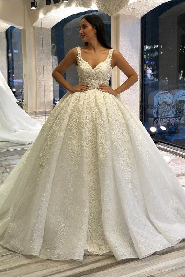 Elegant Sweetheart Spaghetti-Straps Backless Wedding Dress with Appliques Lace and Sequins-BallBride