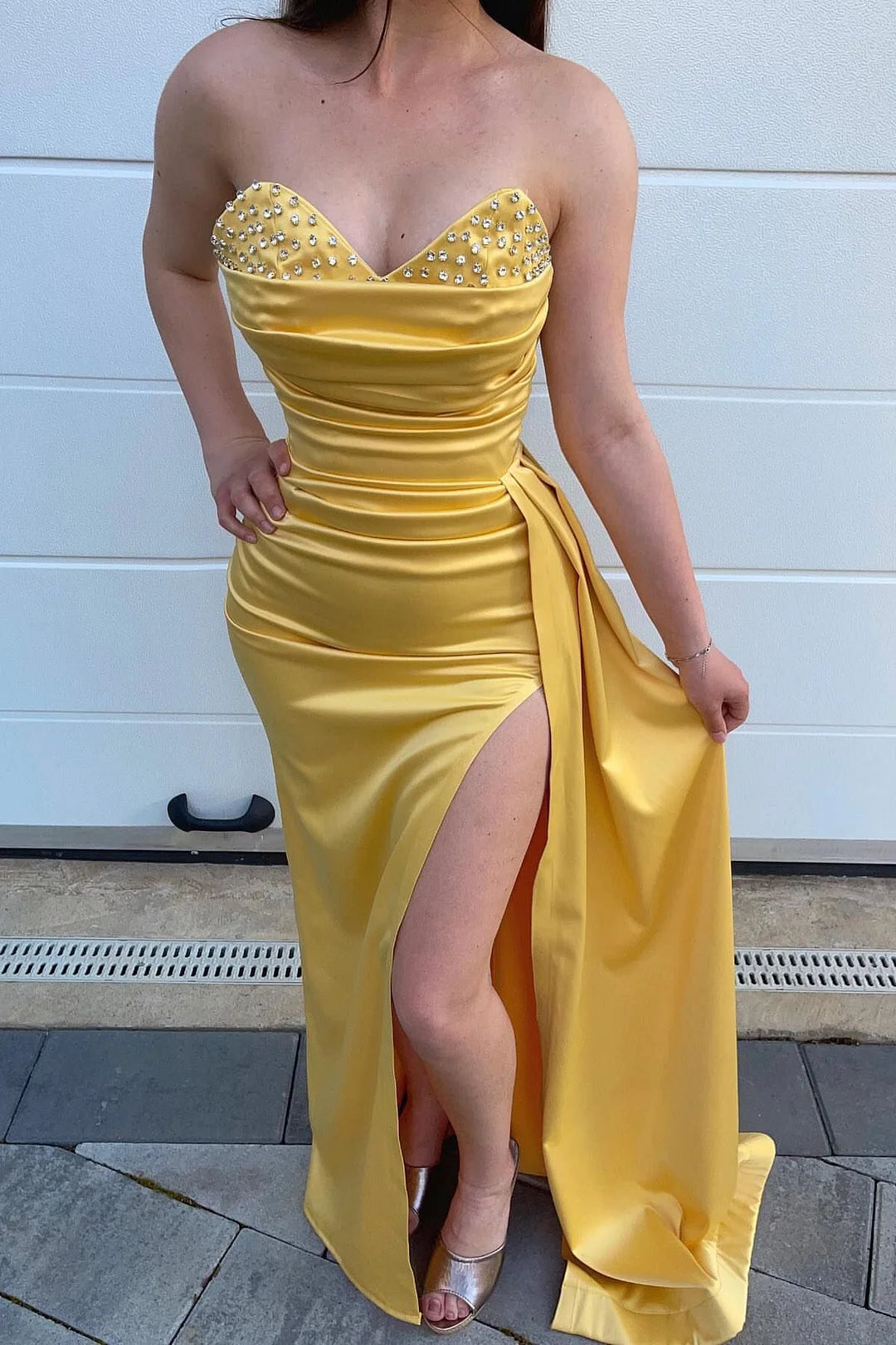 Elegant Sweetheart Yellow Mermaid Long Evening Dress With Beads Split-BallBride