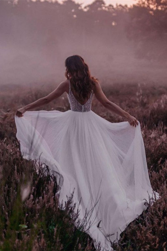 Elegant Tulle Sequins V-Neck Sleeveless Wedding Dress-BallBride