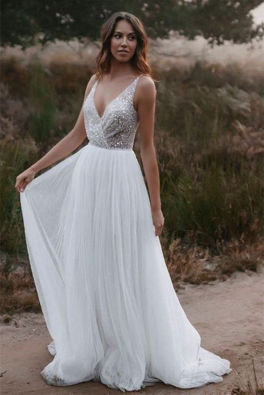 Elegant Tulle Sequins V-Neck Sleeveless Wedding Dress-BallBride