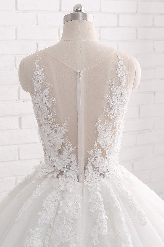Elegant Tulle Train Wedding Dress With Appliques Lace-BallBride