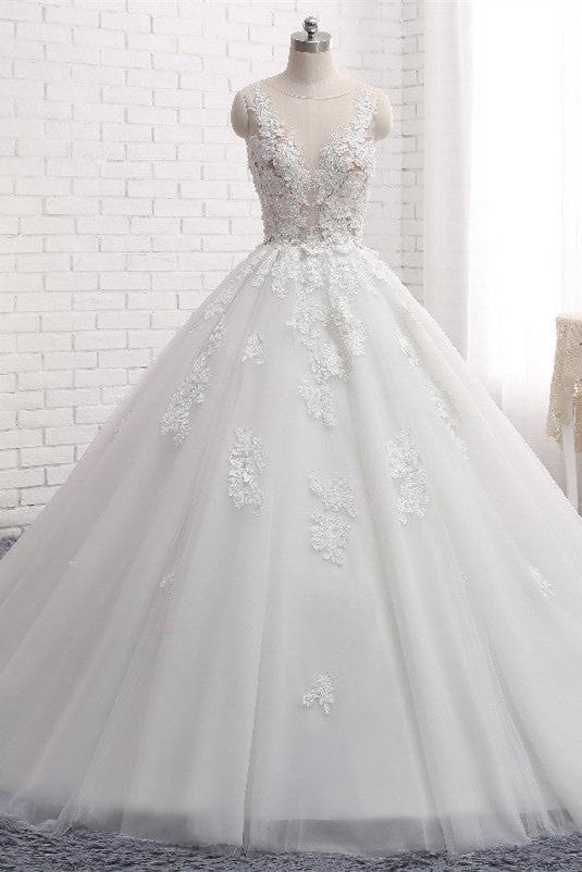Elegant Tulle Train Wedding Dress With Appliques Lace-BallBride