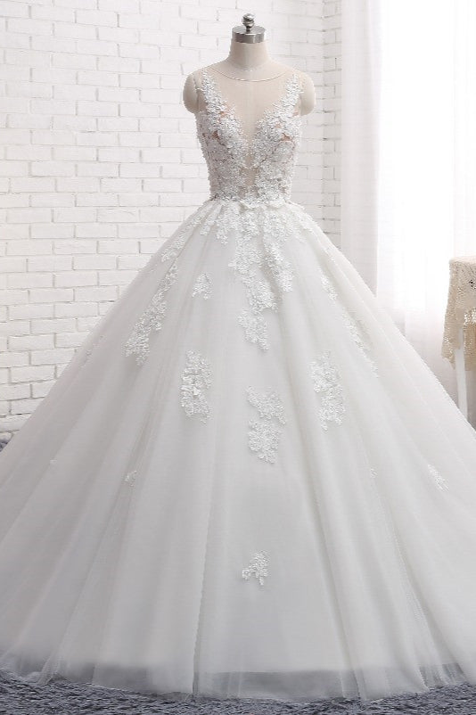 Elegant Tulle Train Wedding Dress With Appliques Lace-BallBride