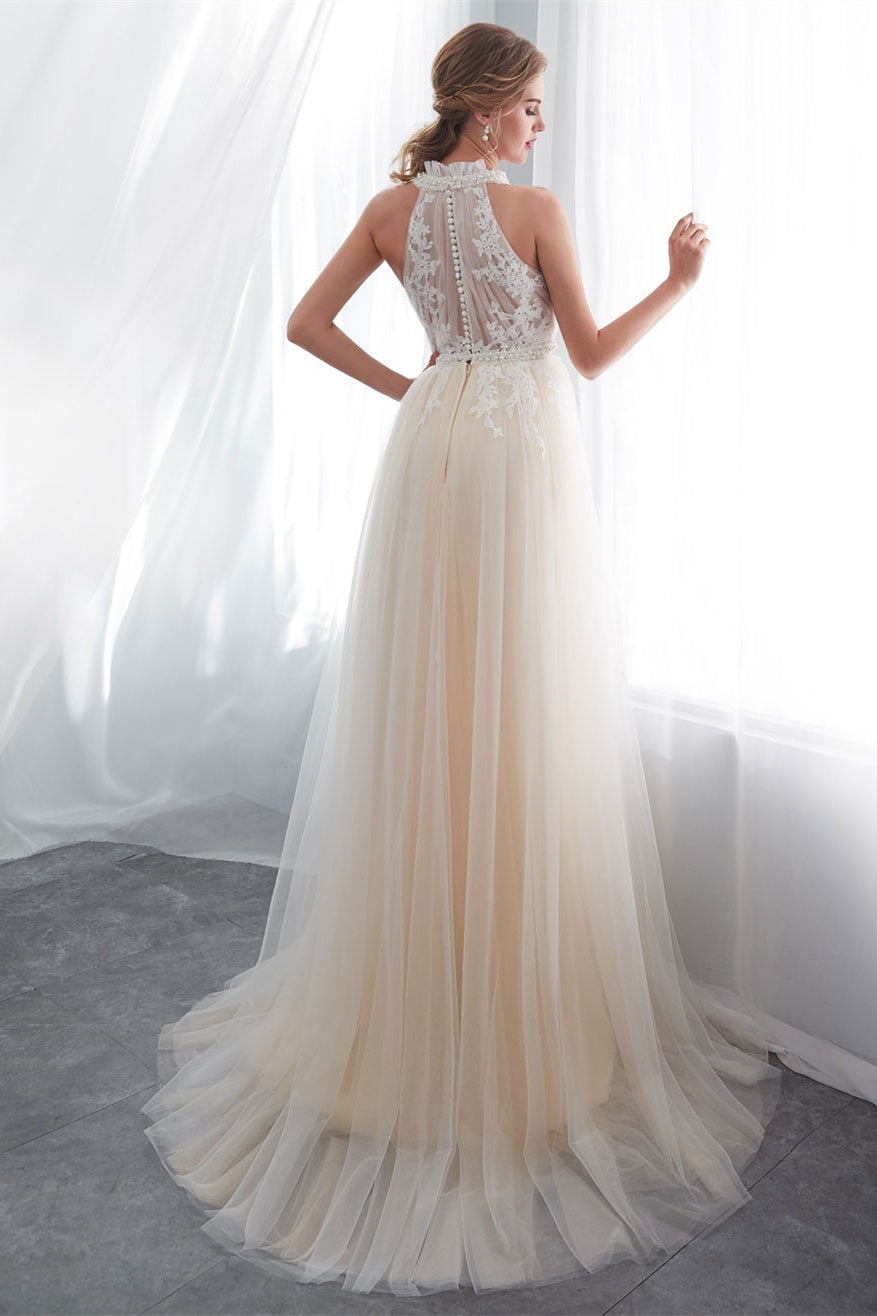 Elegant Tulle Wedding Dress with High Neck Appliques-BallBride