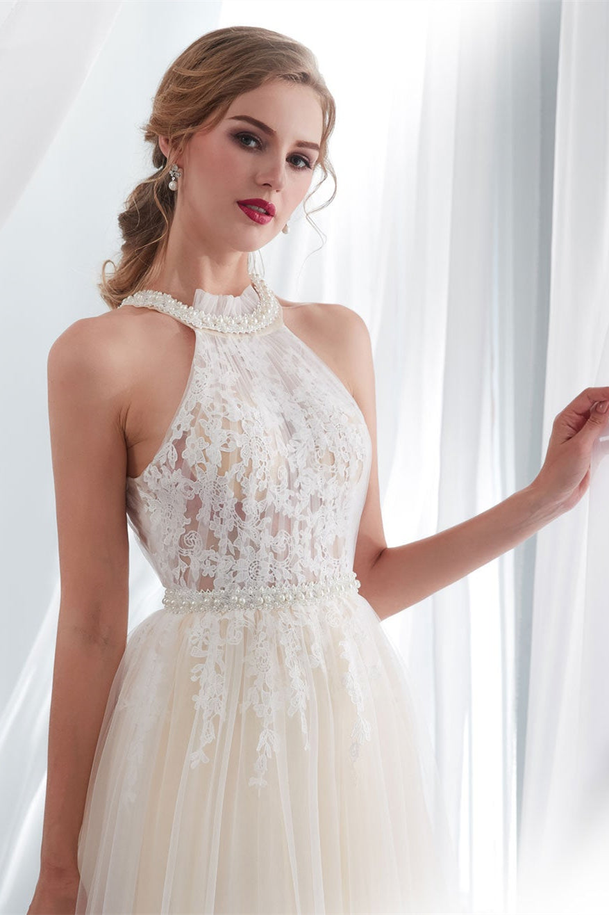 Elegant Tulle Wedding Dress with High Neck Appliques-BallBride