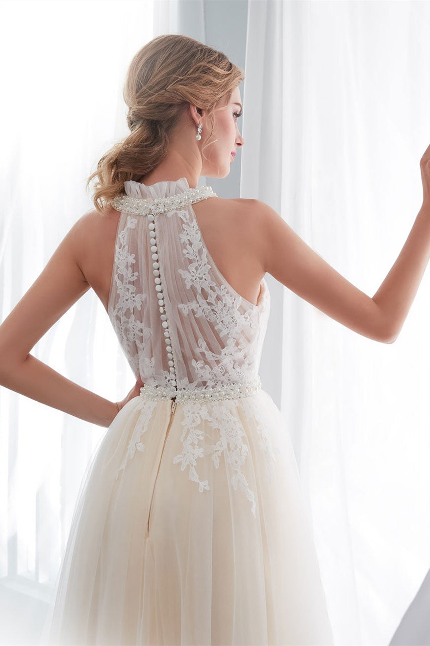 Elegant Tulle Wedding Dress with High Neck Appliques-BallBride