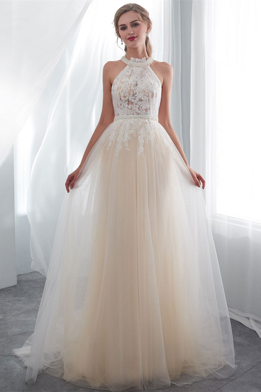 Elegant Tulle Wedding Dress with High Neck Appliques-BallBride