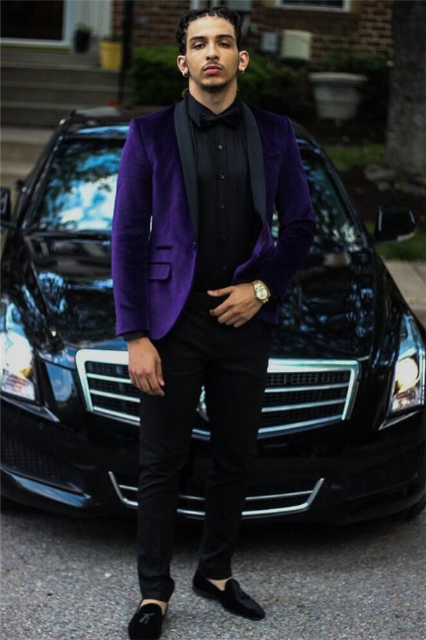 Elegant Two Piece Black Lapel Suit Dress with Purple Velvet-BallBride