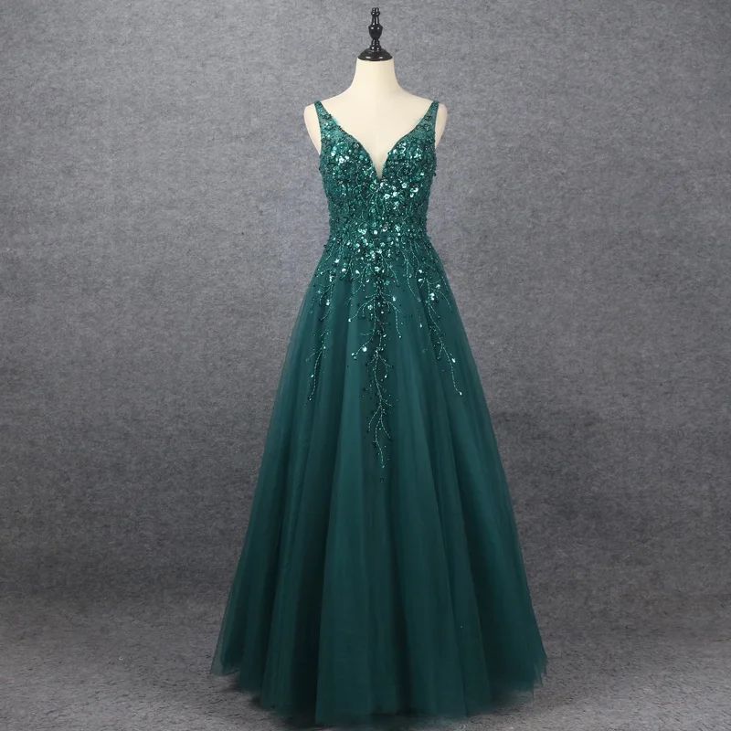 Elegant V Neck A Line Prom Dress with Appliques-BallBride