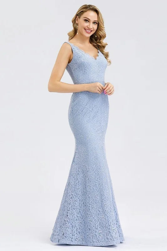 Elegant V-Neck Blue Sleeveless Lace Mermaid Long Evening Prom Dress-BallBride