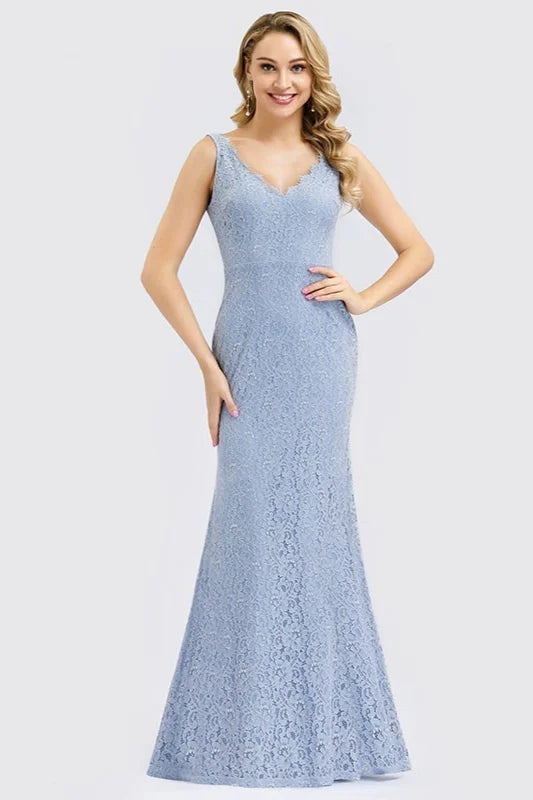 Elegant V-Neck Blue Sleeveless Lace Mermaid Long Evening Prom Dress-BallBride